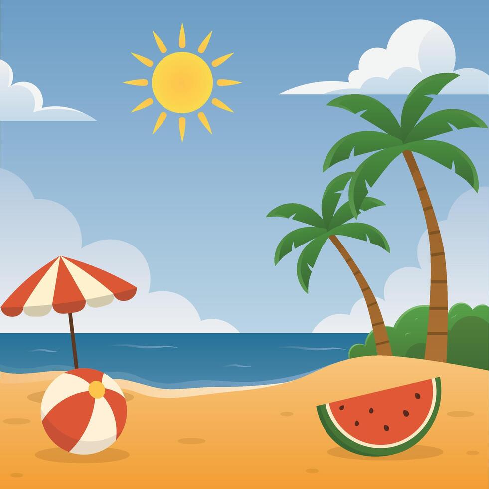 Summer Sunny Beach Scene with Palm Trees and Watermelon Flat Illustration vector