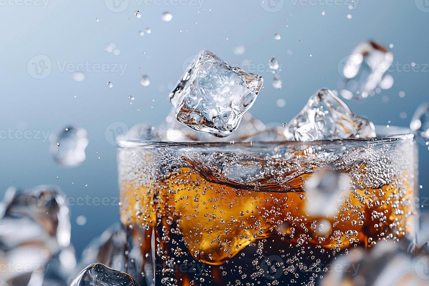 Hyper realistic close-up of bubbling soda, ice cubes and dewy condensation droplets photo