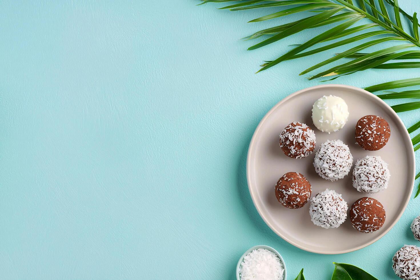 Elegant raw vegan chocolate truffles, coconut dusted and sugar free, styled with clean lines photo
