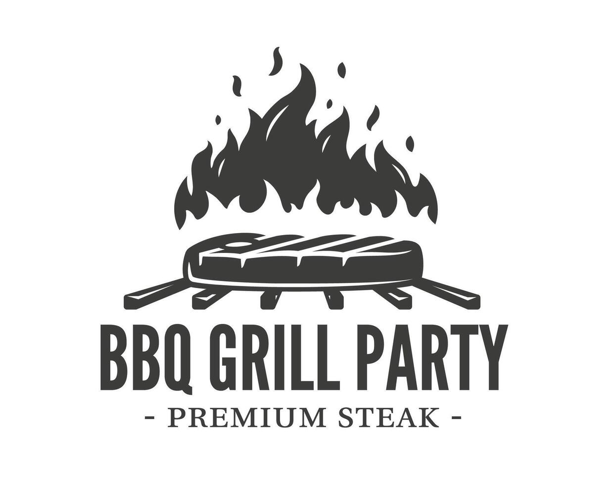 Barbecue logo with steaks on fire on grill isolated on white background vector
