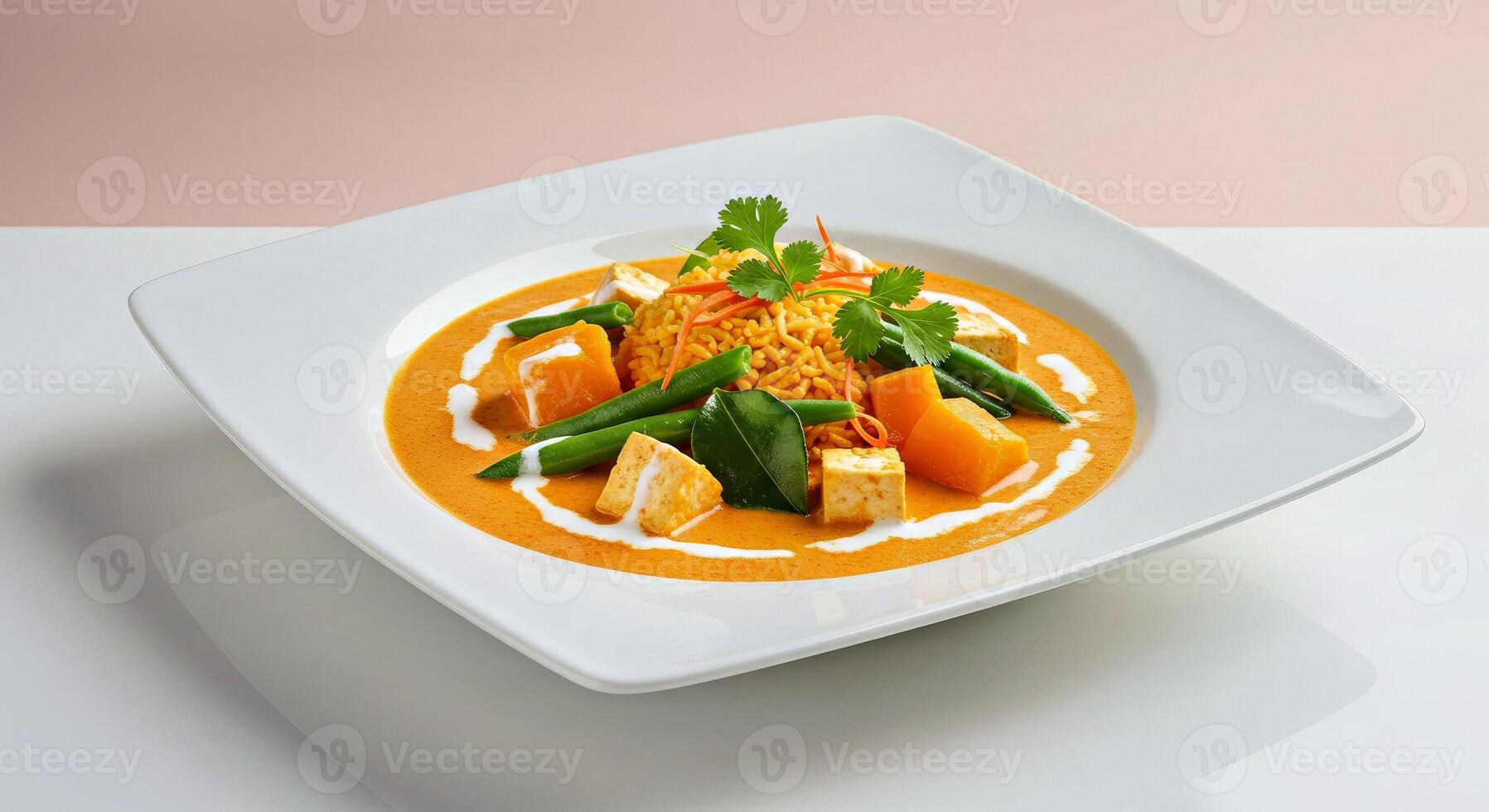 A white plate topped with a bowl of soup photo