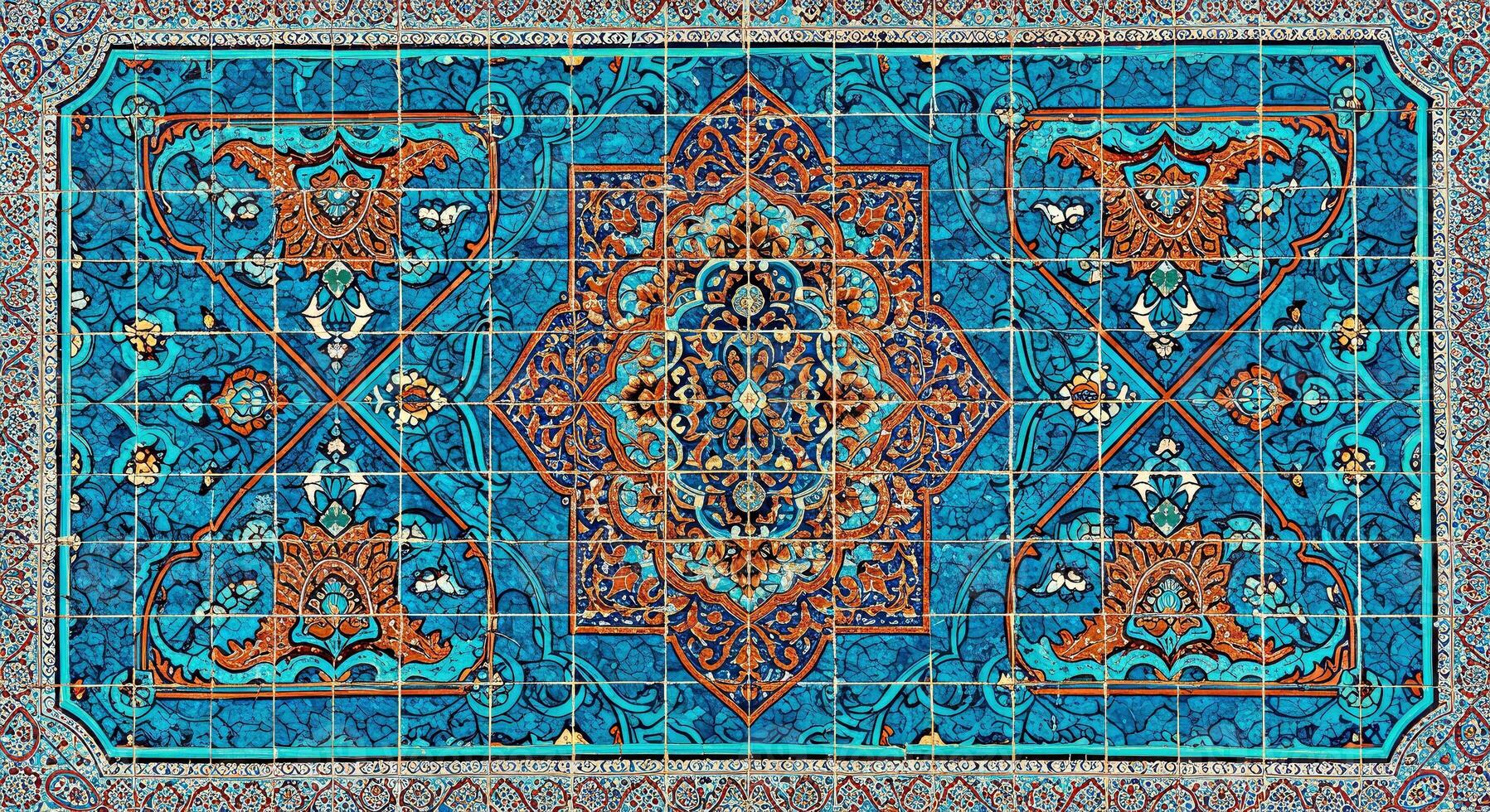 A blue and orange oriental rug with a pattern photo