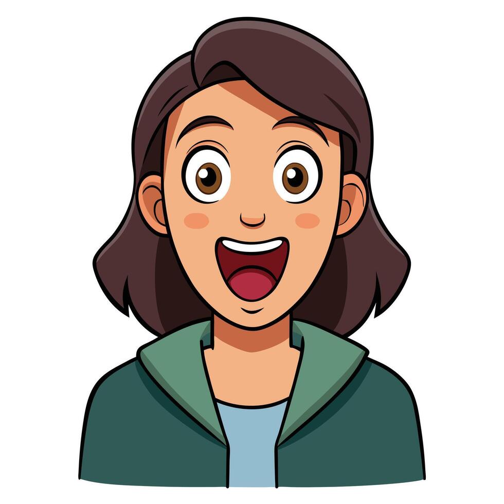 A cheerful cartoon illustration of a young woman with brown hair wearing a teal jacket, expressing excitement with a wide open mouth and big eyes vector