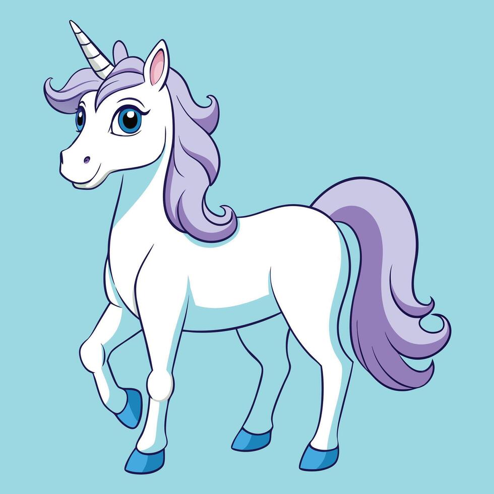 Adorable Cartoon Unicorn with Lavender Mane and Tail Standing on Light Blue Background vector