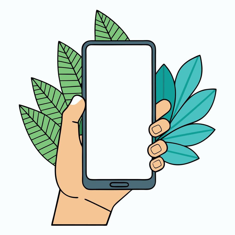 Hand Holding Smartphone with Green and Teal Leaves Nature Mobile Technology vector
