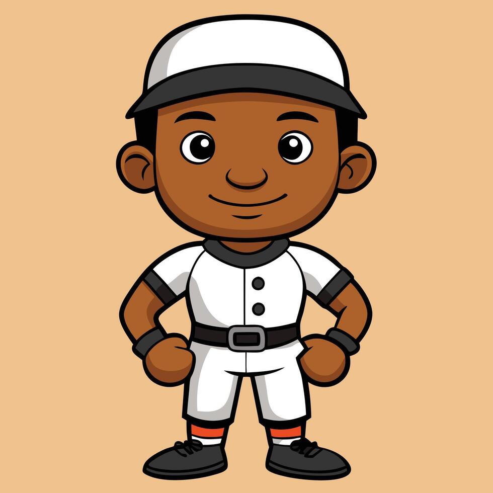 Adorable Cartoon Baseball Player Illustration Featuring a Young African American Boy in Uniform vector