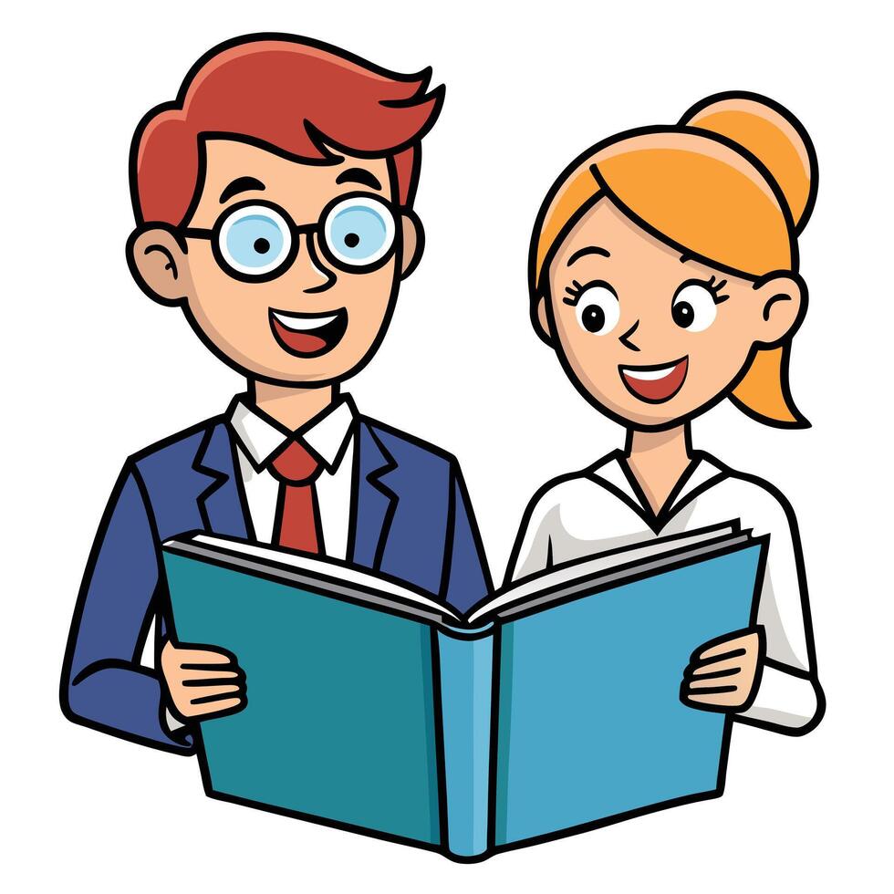 Man and Woman Reading a Book Together Sharing Knowledge and Learning vector