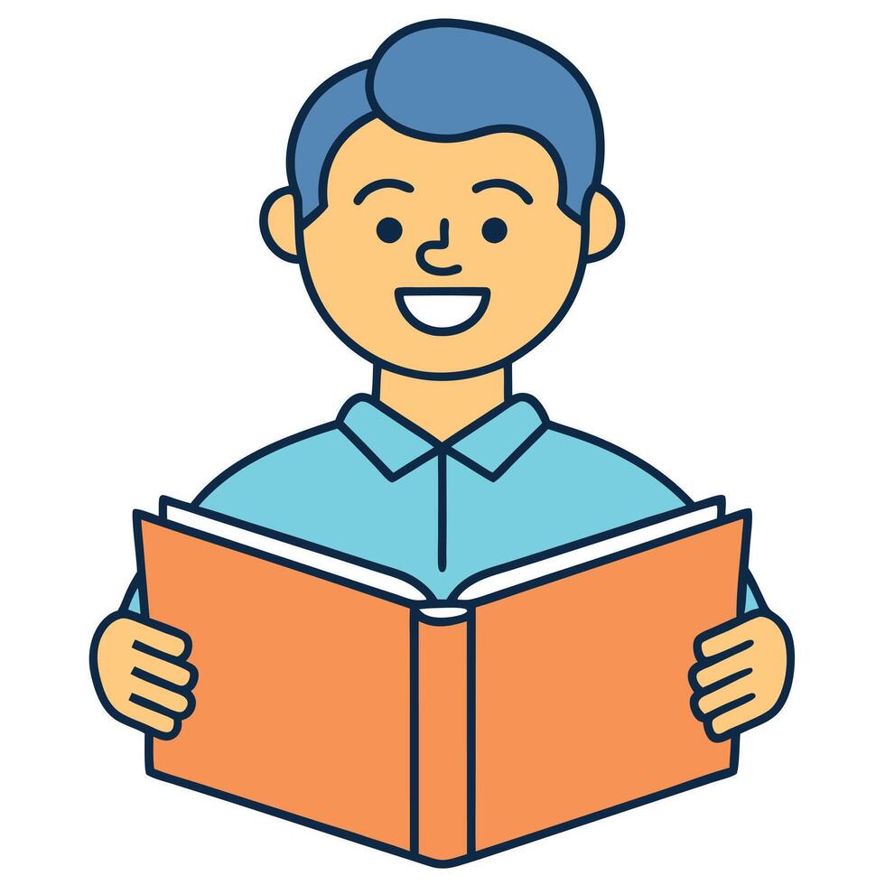 Happy young boy joyfully reading a book educational learning literature vector