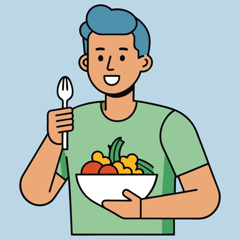 Happy Man Enjoying a Delicious and Healthy Vegetable Salad Meal vector