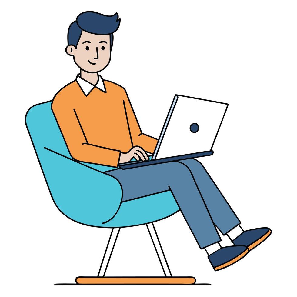 Young Man Working on Laptop While Comfortably Seated in a Modern Chair vector