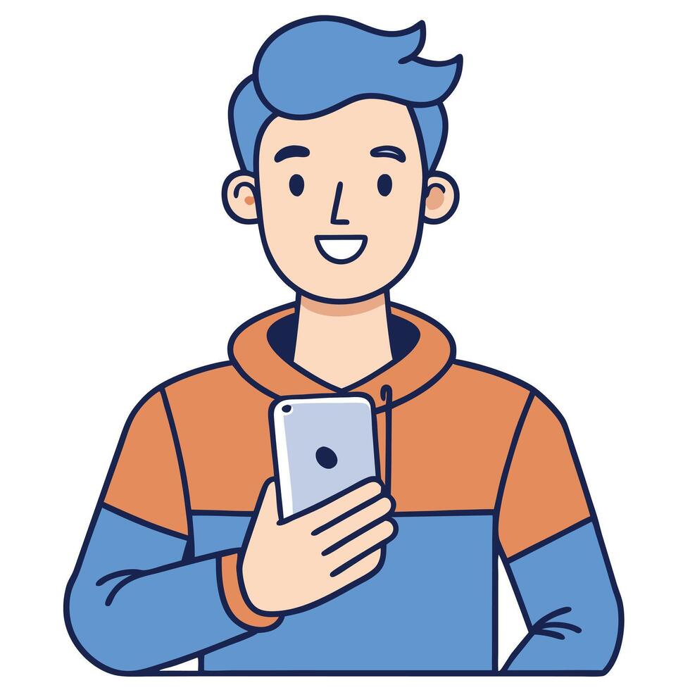 Smiling young man using smartphone happy person mobile phone technology communication digital social media internet online app networking connection device modern communication vector