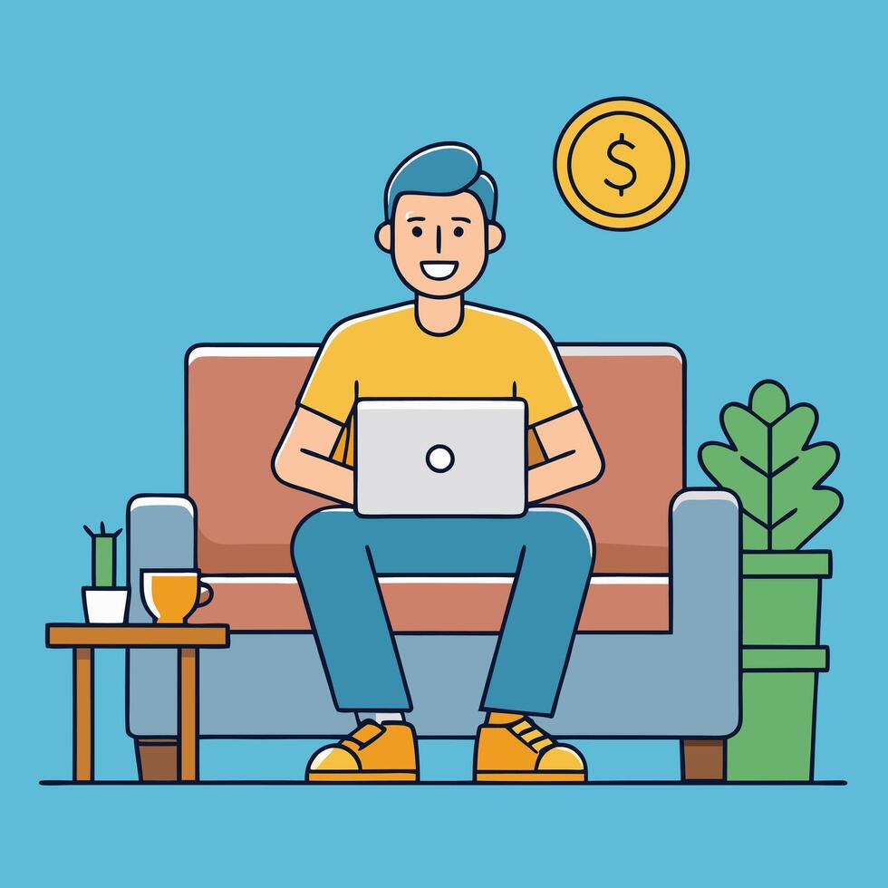 Happy Man Working from Home on Laptop Making Money Online vector