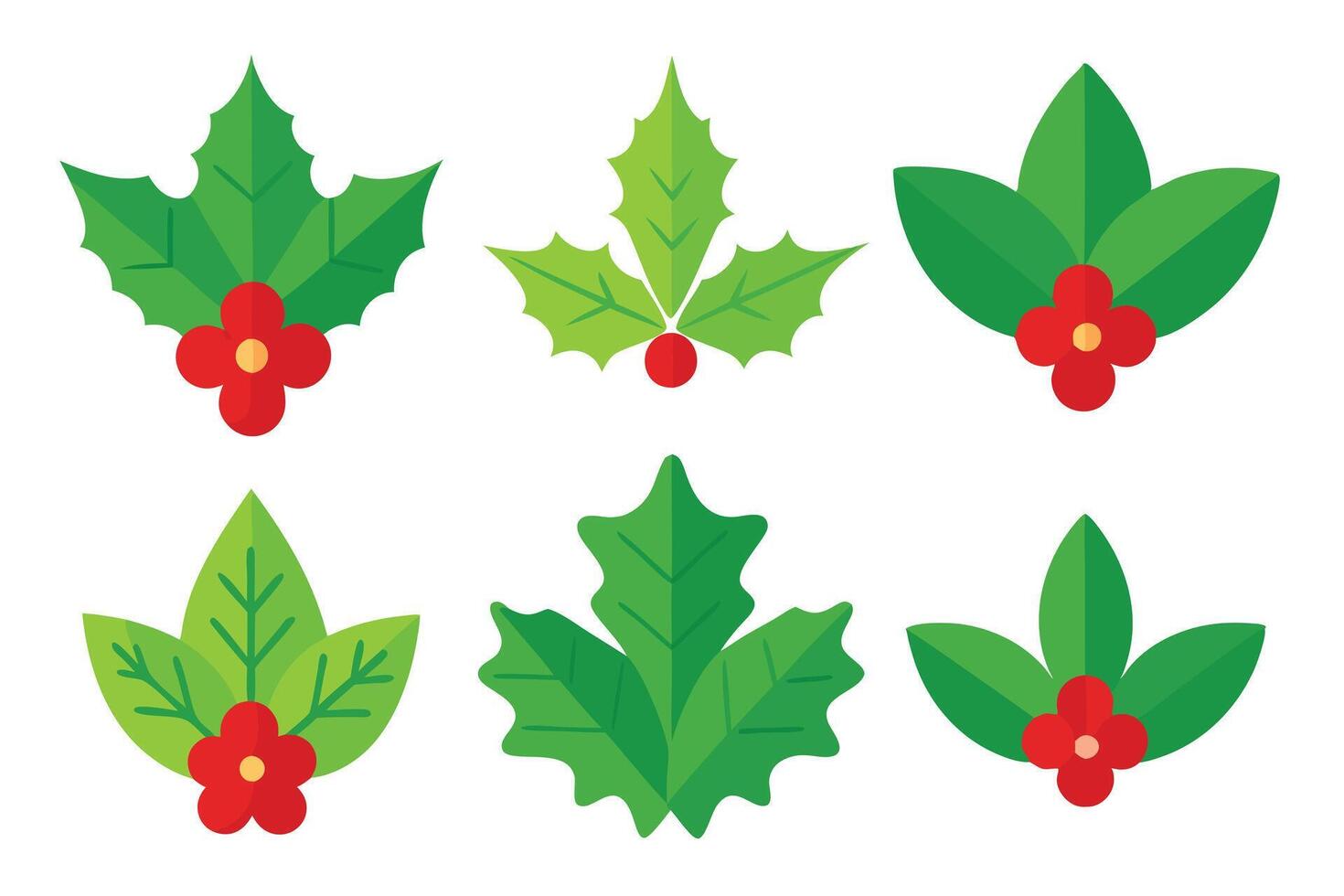 Six Holly Berries and Leaves Set on a White Background Flat and Minimalist vector