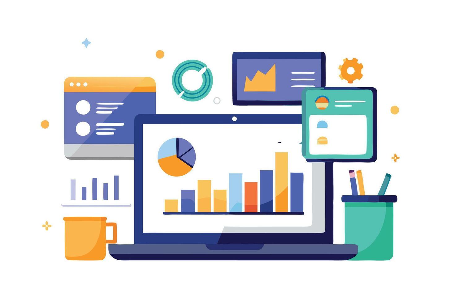 Analytics Dashboard With Pie Charts, Bar Graphs, and Various Graphical Elements vector
