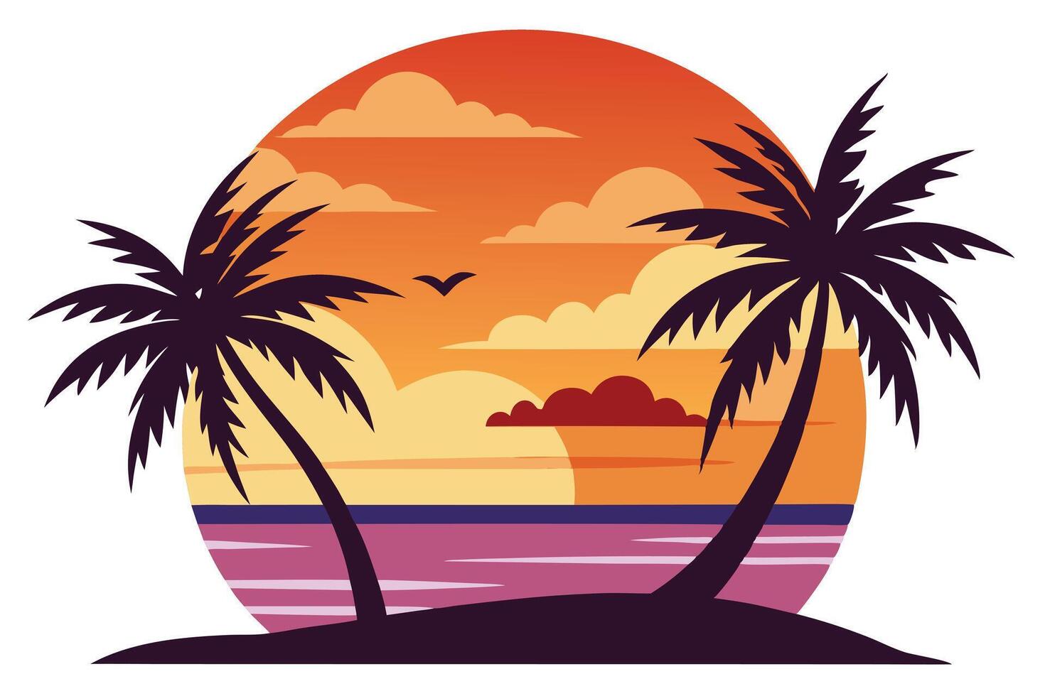 Silhouette Palm Trees at Sunset, Tropical Beach with Birds, Design vector