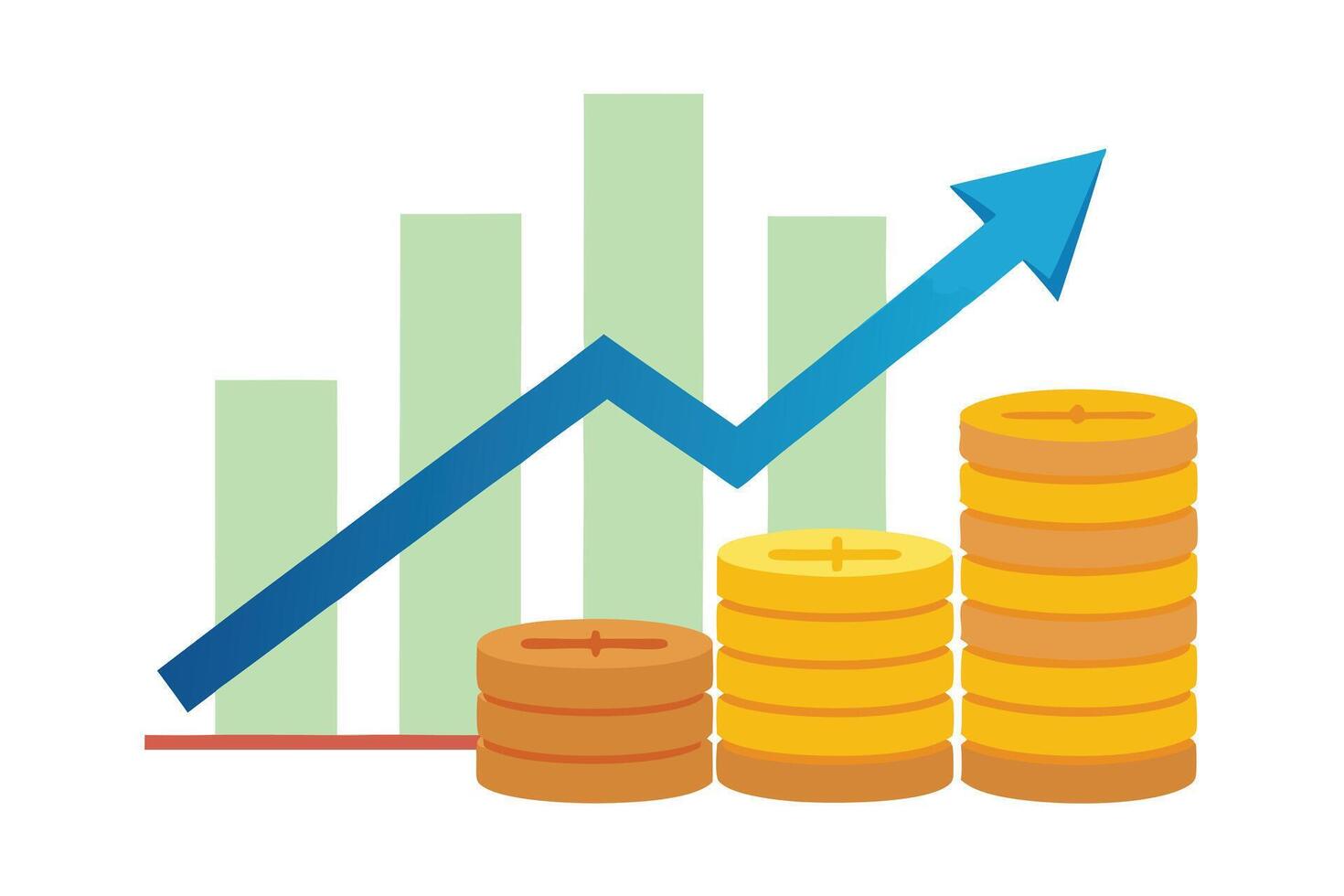 Upward Arrow with Stacks of Coins and Pale Green Bar Chart on White Backdrop vector