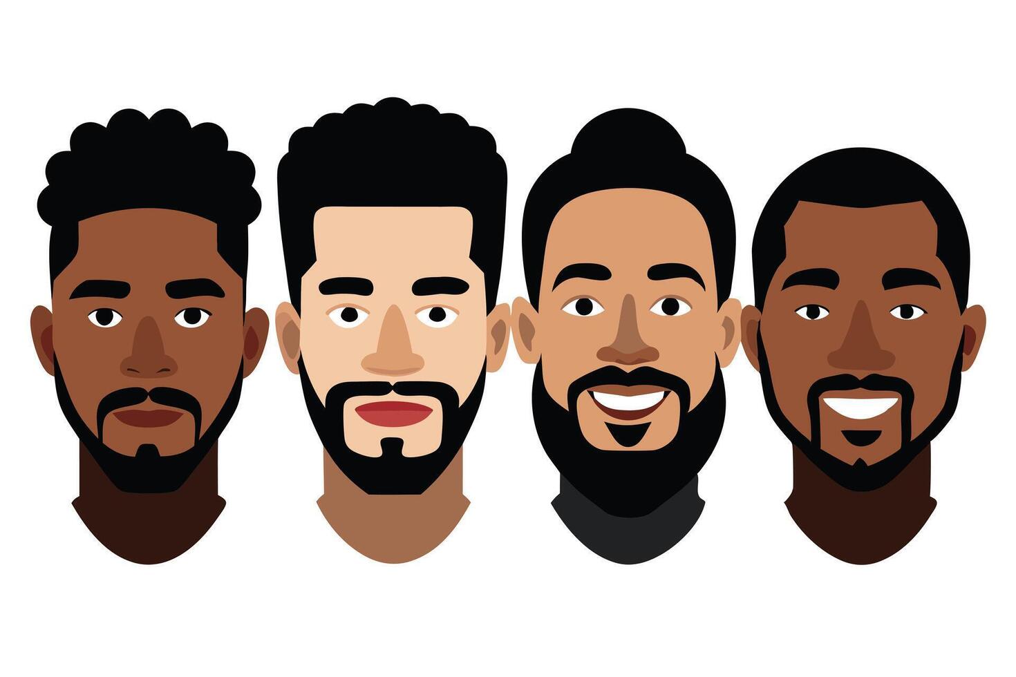 Four Diverse Bearded Men Faces with Black Hair on White Background Cartoon Design vector
