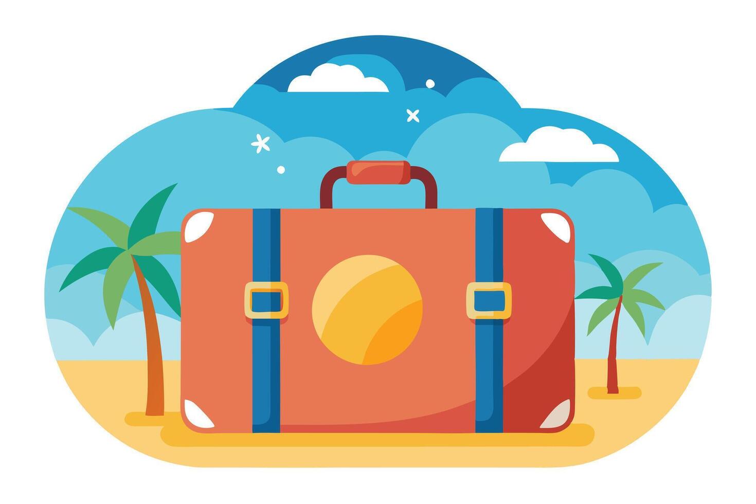 Coral Suitcase, Palm Trees, and Summer Sky Vacation Landscape Icon vector