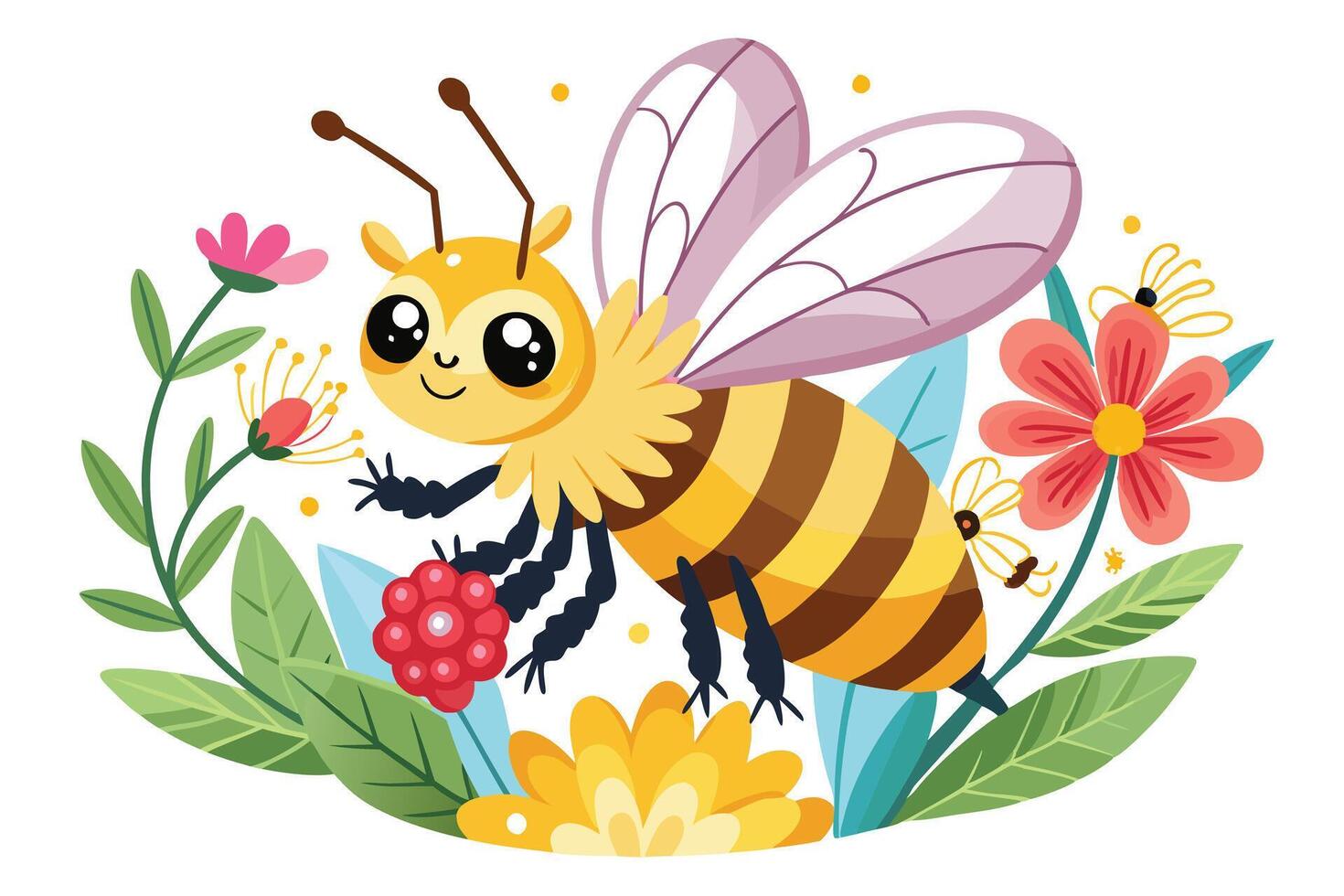 Cartoon Honeybee with Berry, Colorful Flowers, and Leaves on a White Background vector