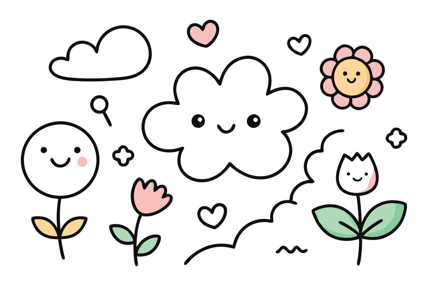 Whimsical Line Art Cute Cartoon Clouds, Flower Faces, Hearts, on White Background vector