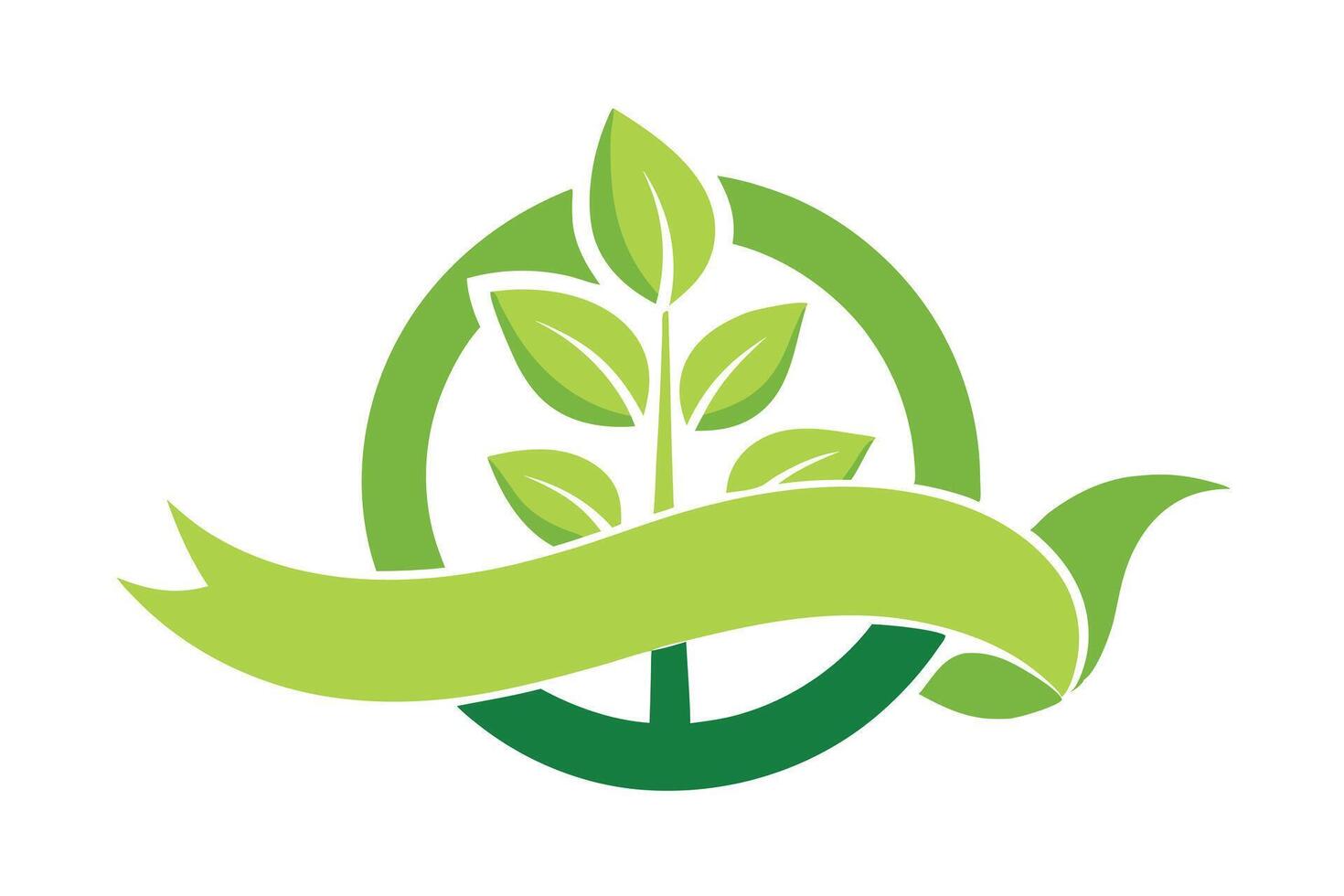 Sprout with Green Leaves, Circle, and Ribbon Banner on White Background Design vector