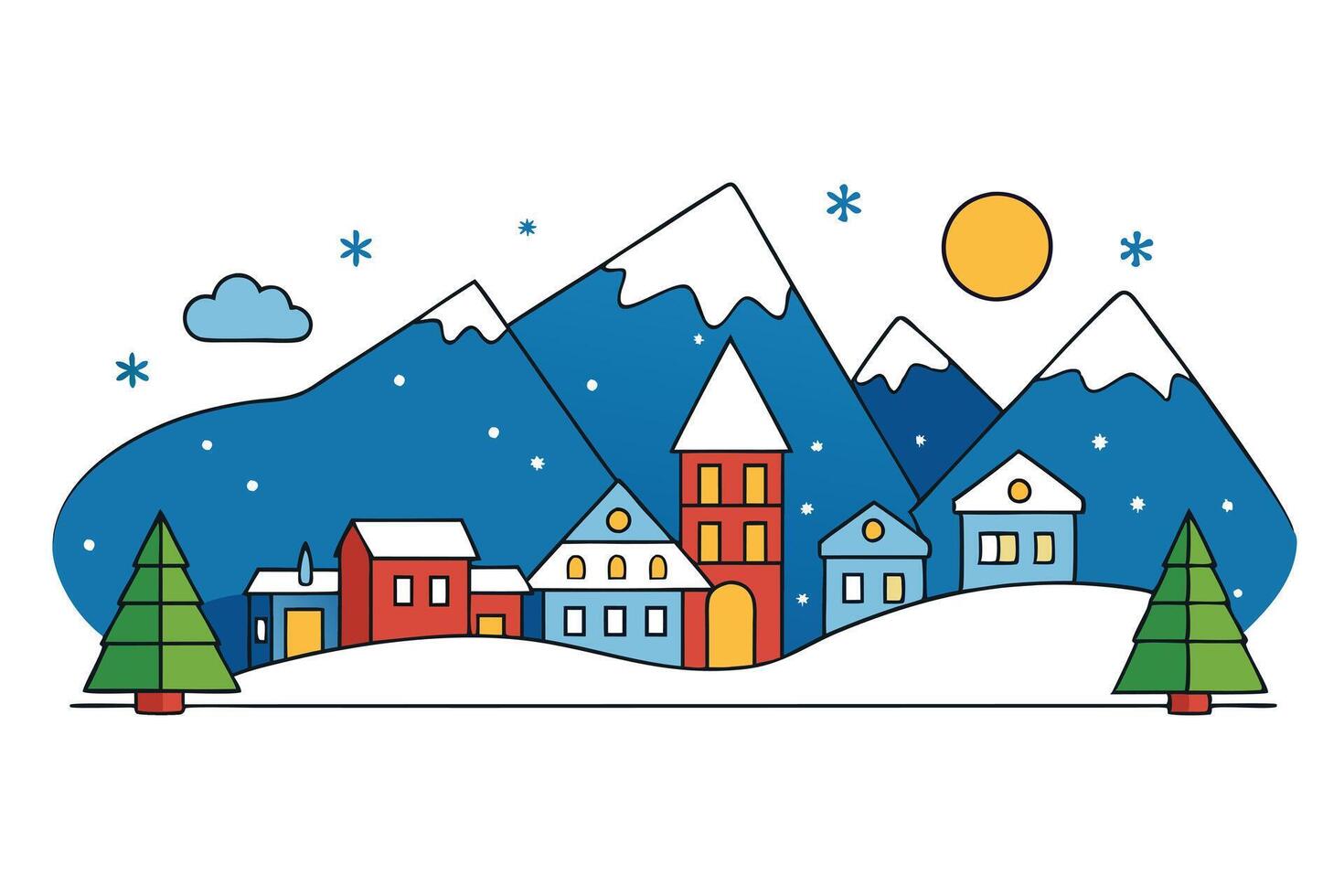 Winter Townscape with SnowCapped Mountains, Pine Trees, and Colorful Cartoon Houses vector