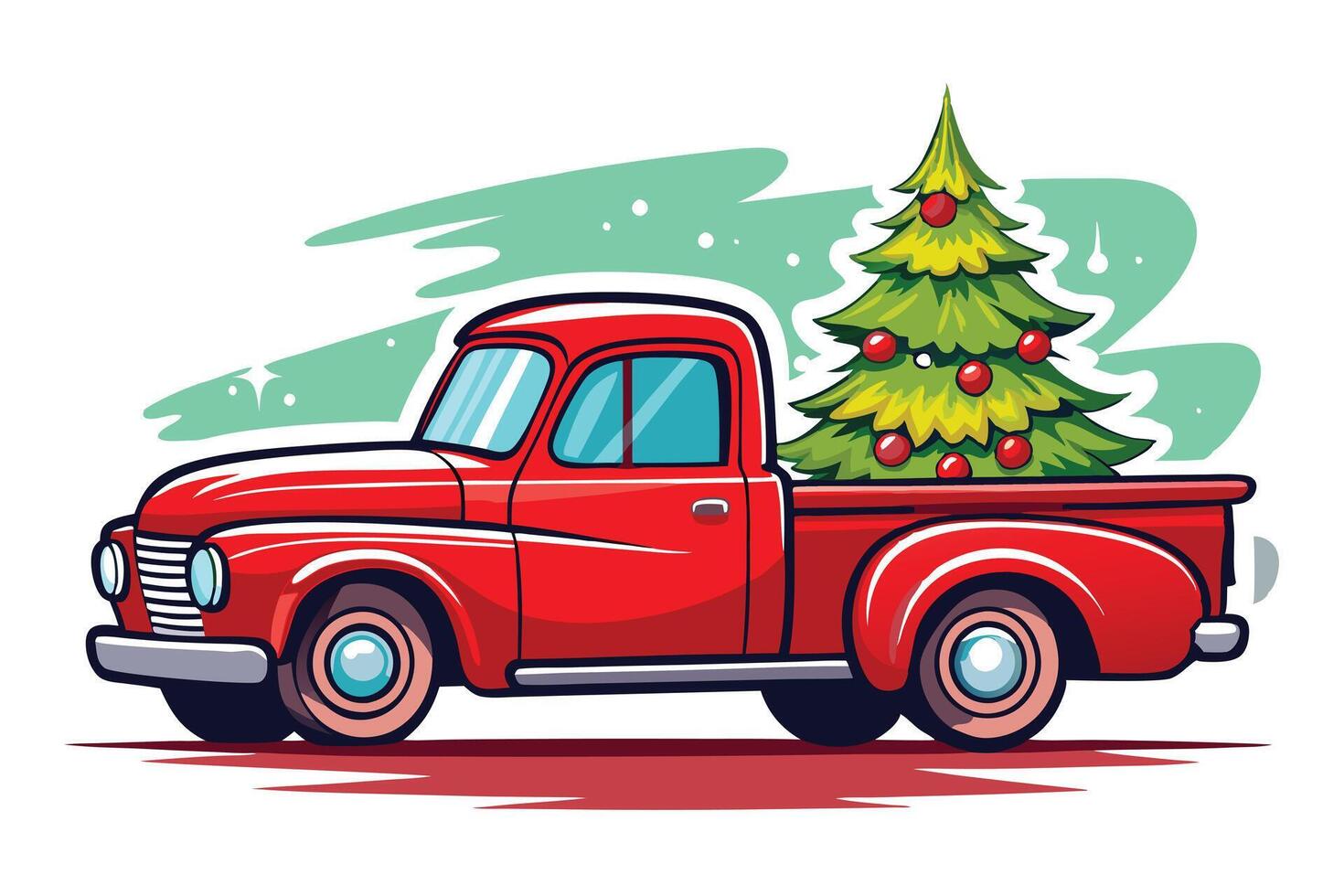 Cartoonish Red Pickup Truck with Christmas Tree on a White Background vector