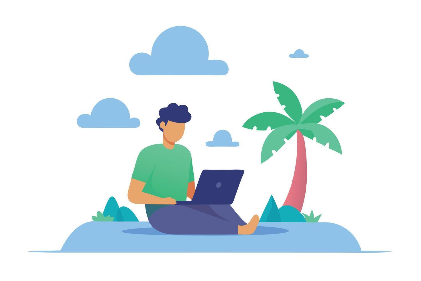 Cartoon Man Working on Laptop Under Palm Tree with Clouds on White Background vector