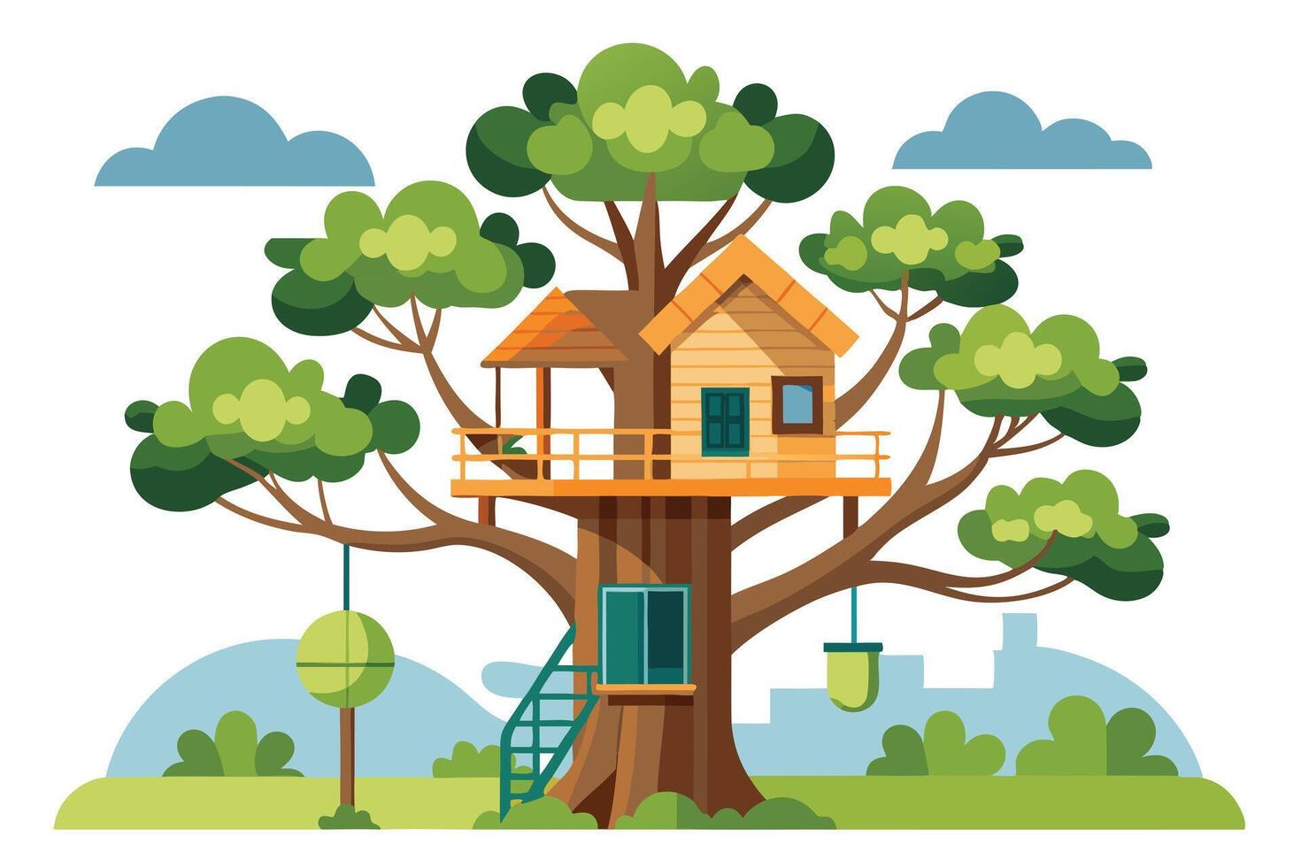 Whimsical Treehouse With Ladder, Green Swing and Colorful Plants, Clouds vector