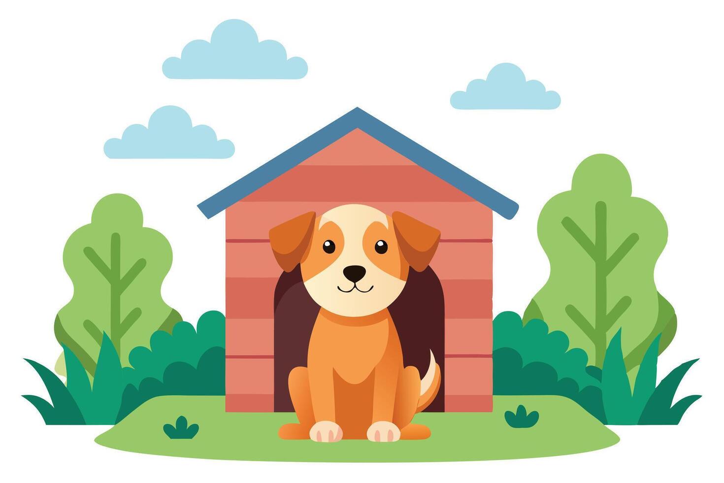 Cute Puppy Sitting in Doghouse with Tree and Clouds Flat vector