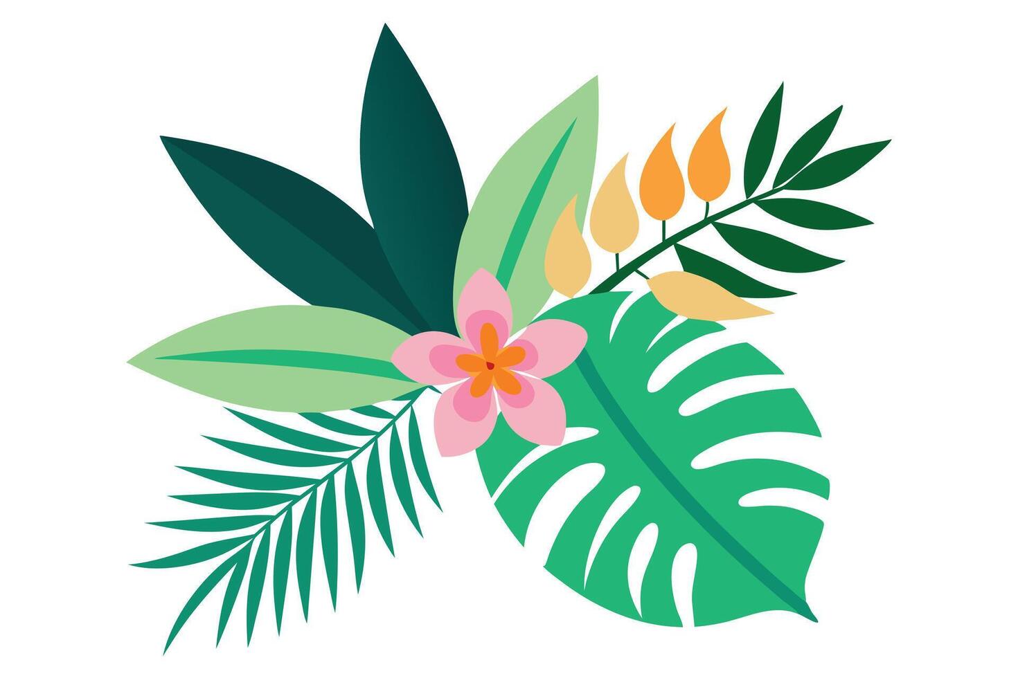 Botanical Colorful Composition with Tropical Leaves and Exotic Pink Flower vector