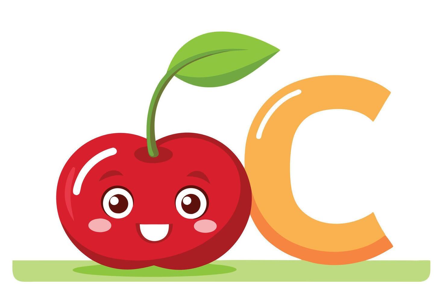 Cartoon Red Cherry Fruit Character with Happy Face near Orange Letter C vector