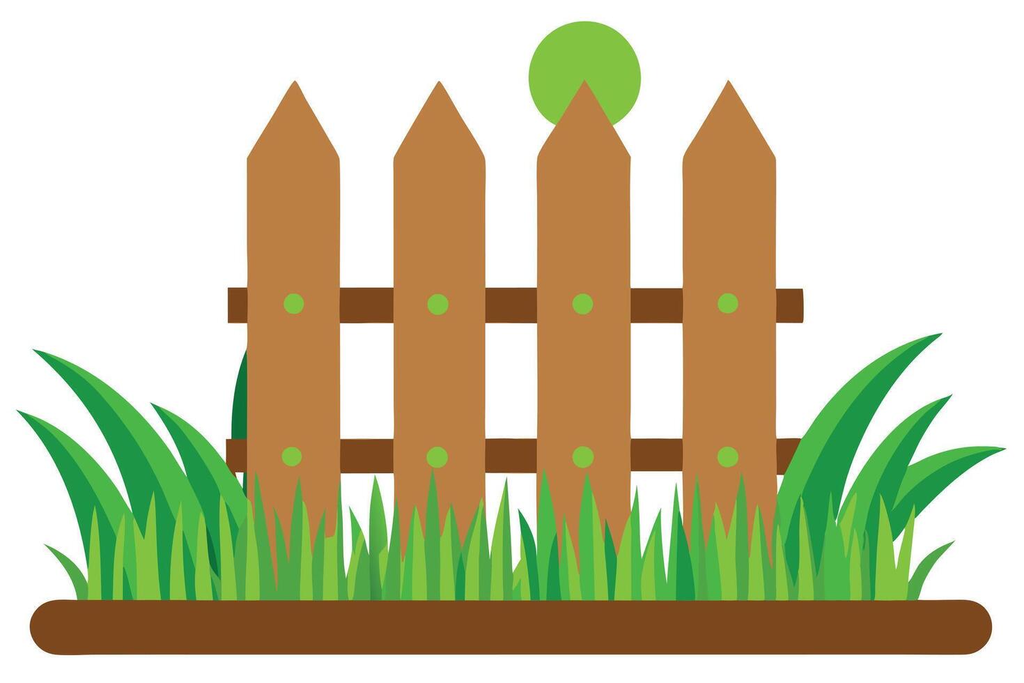 Cartoon Wooden Fence with Green Grass and Green Circle Sun Design vector