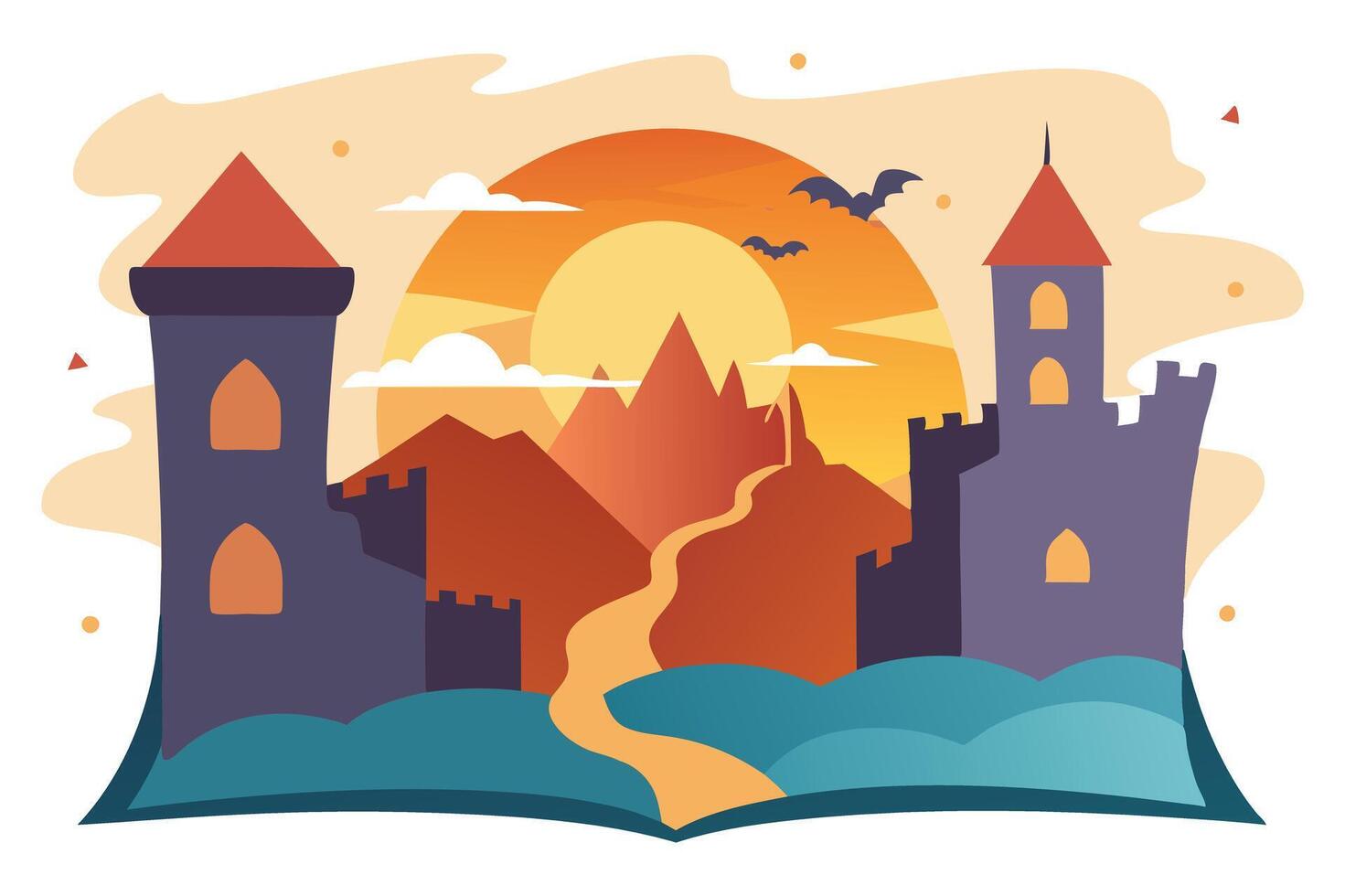 Castle Towers Sunset Bats Flat Design with Teal Water and Orange Sky vector