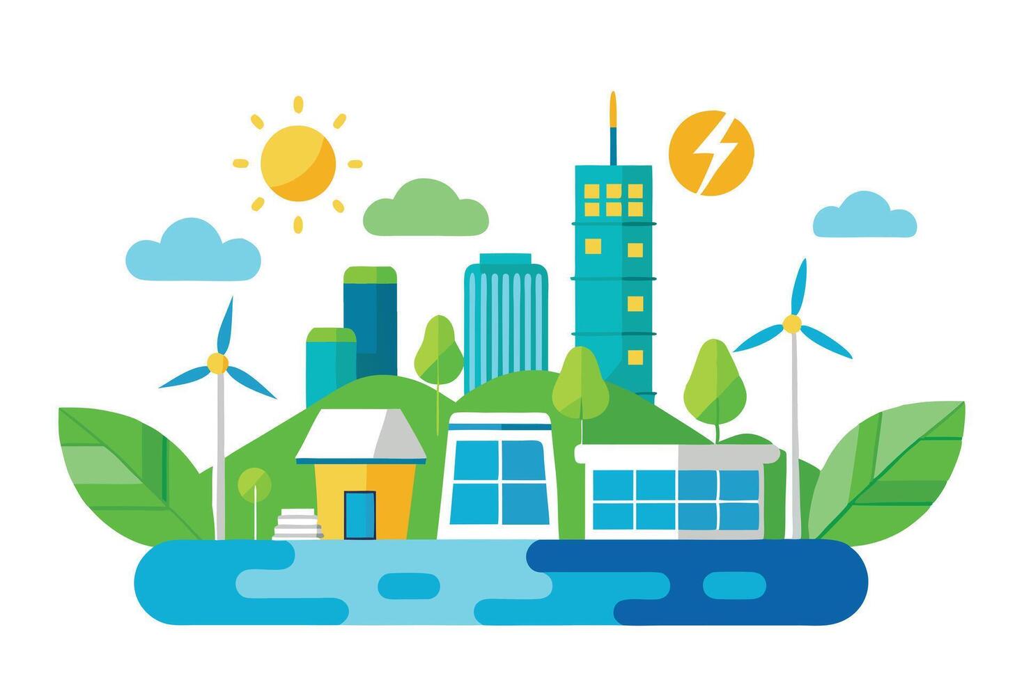 Flat with Wind Turbines, Solar Panels, Cityscape on White vector