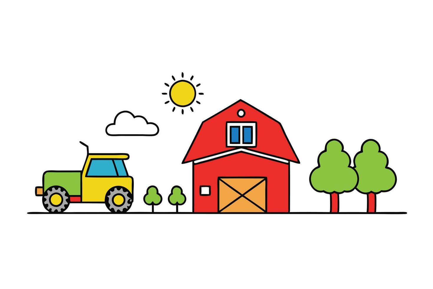 Countryside with Farm, Barn, Tractor, Trees, Sun and Cloud on White vector