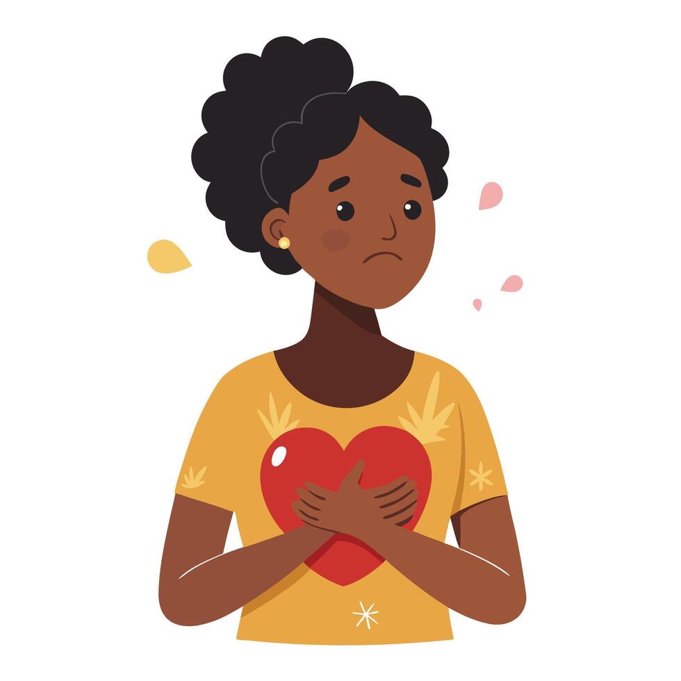 Flat of Sad African Woman Holding a Heart Shape on White Background vector