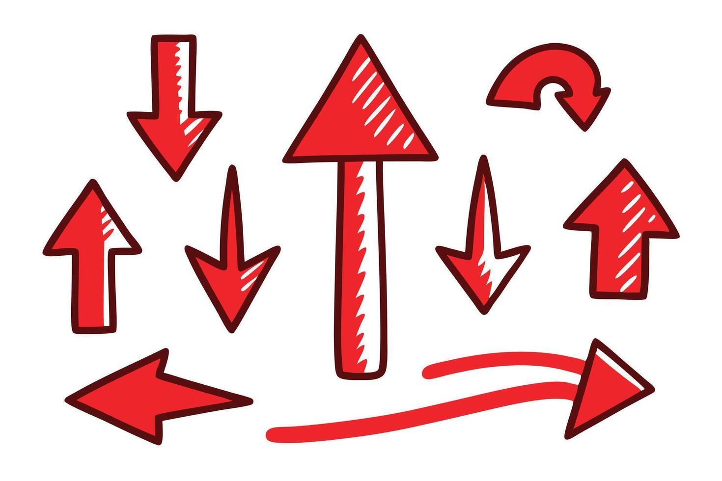 Hand Drawn Red Arrows Set, Cartoon Style, Up, Down, Left, Right on White vector