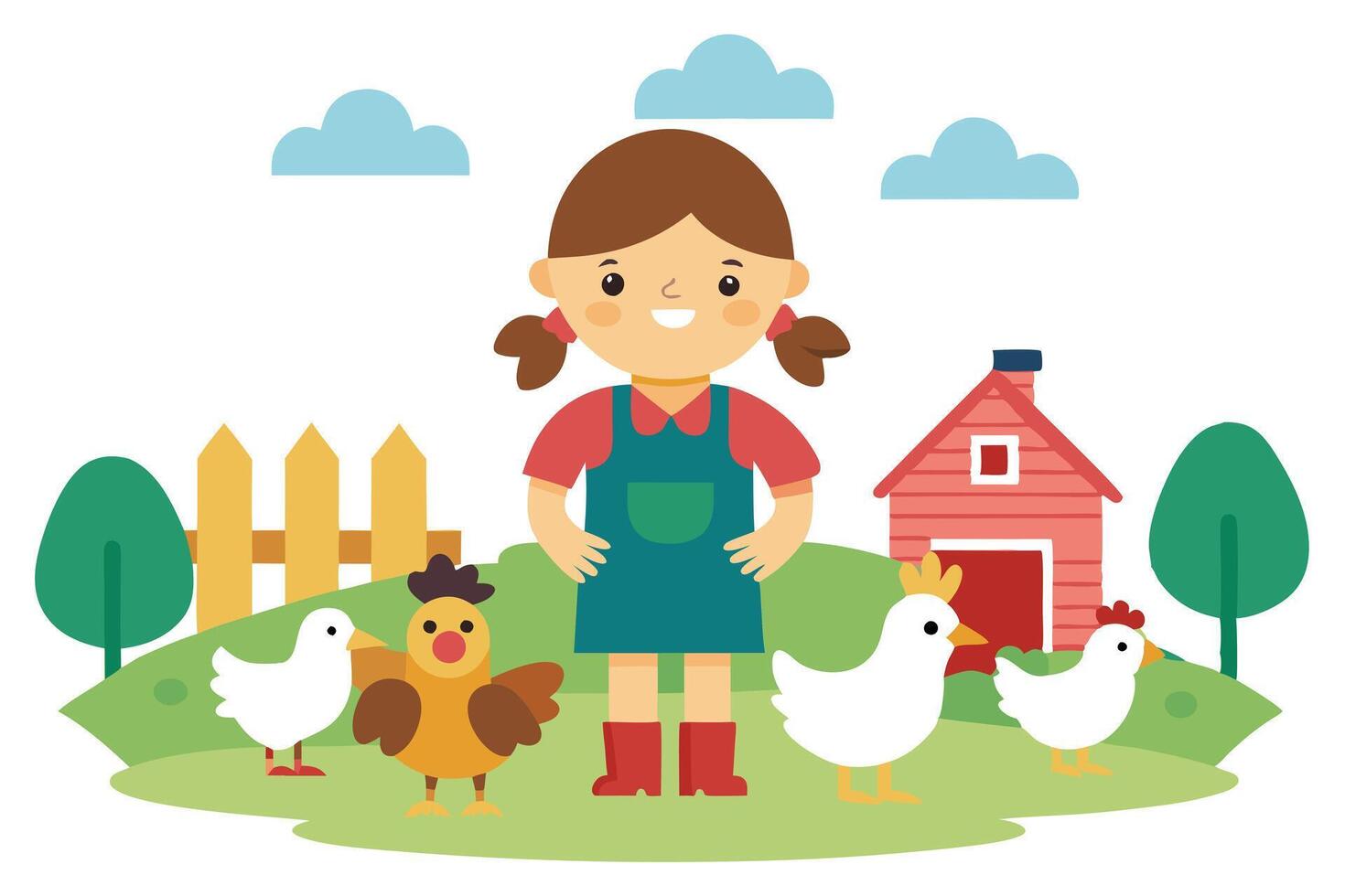 Smiling Brunette Girl with Chickens, Farm Animals, Barn and Fence on a Cartoon Style Scenery vector