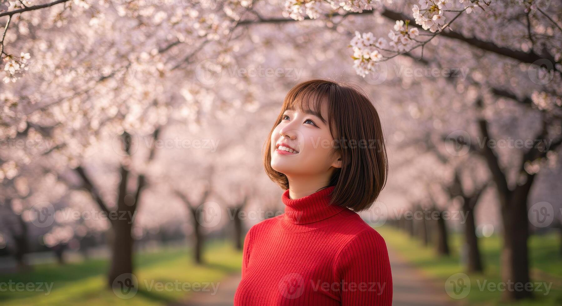 Asian woman in red top looking up at cherry blossoms photo