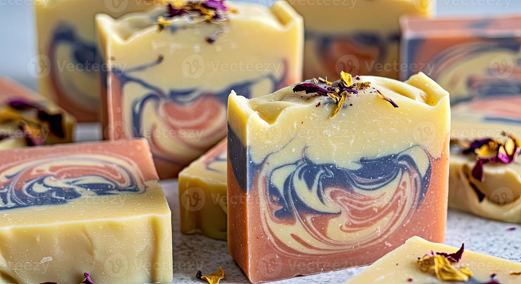 A close up of soap bars with flowers on them photo