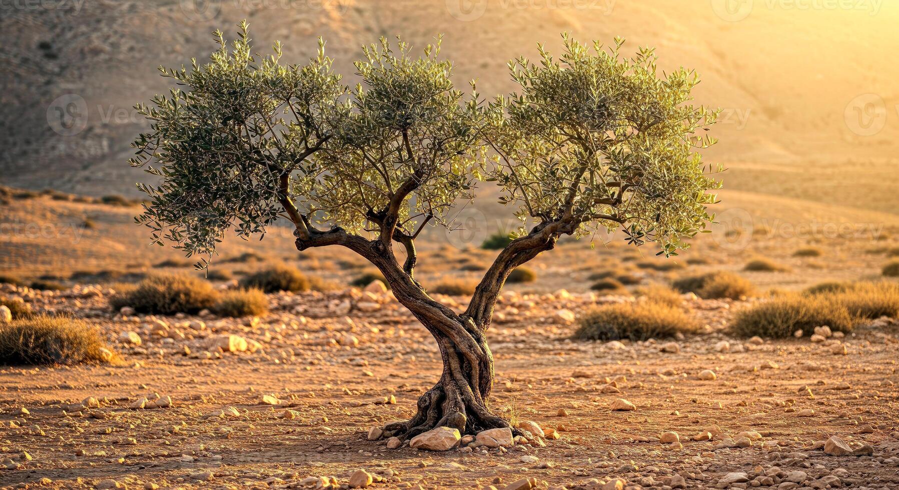 An olive tree in the desert with the sun setting photo