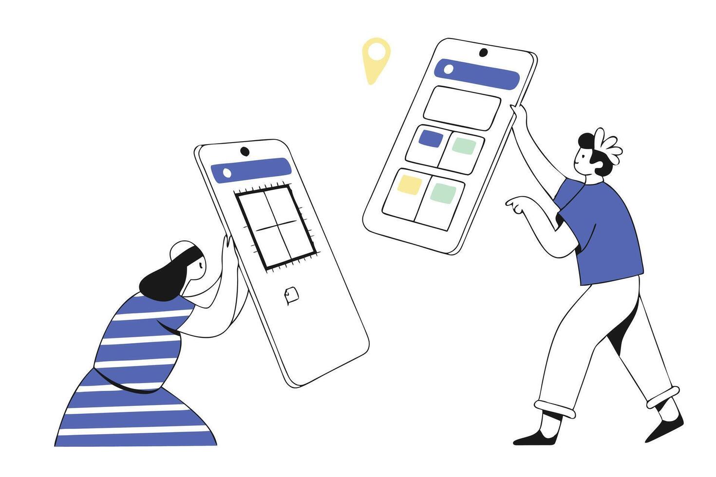 Woman with Mobile, Man Holding Phone in Cartoon Doodle Style vector