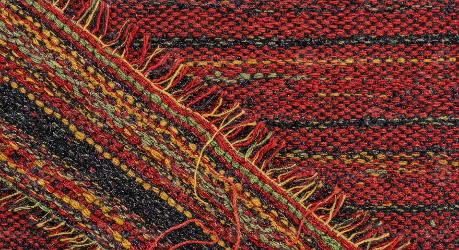 A close up of a red and green woven rug photo