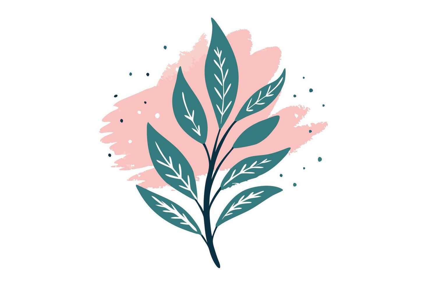 Foliage Branch with Teal Leaves and Pink Brushstroke on White Backdrop Stylish Design vector