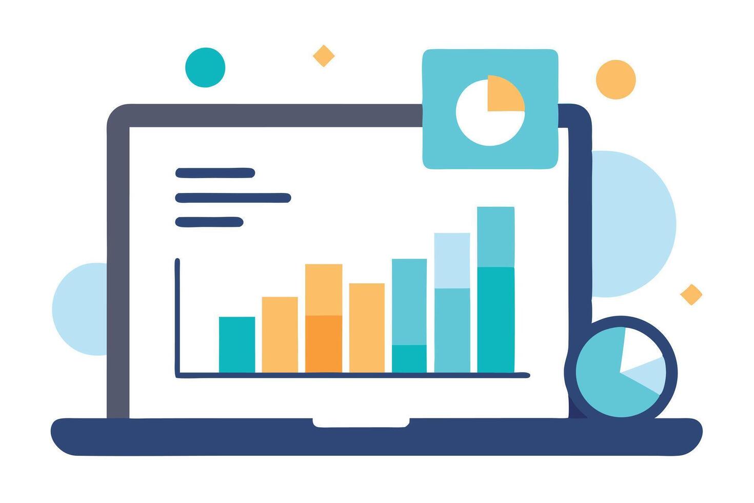 Laptop Displaying Bar Chart, Pie Chart with Geometric Shapes on White Background vector
