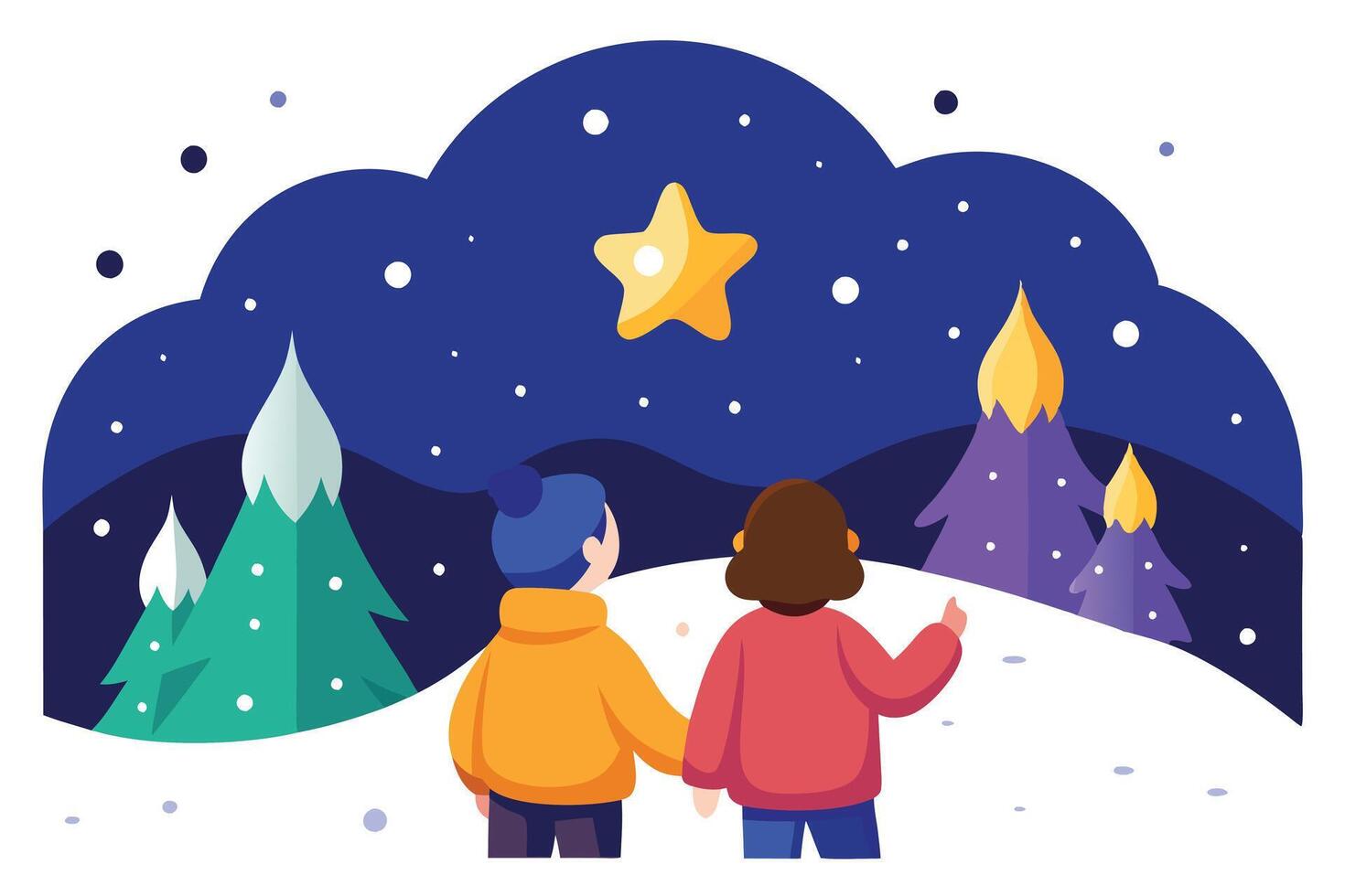 Cartoon Couple Holds Hands, View of Starry Night Sky with Trees on White Background vector