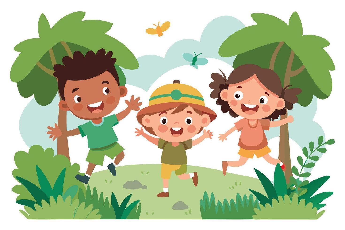 Cheerful Cartoon Kids Playing Outdoors With Trees and Flying Butterflies on a Sunny Day vector