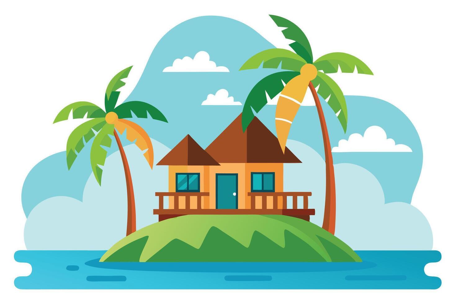 Tropical Island Hut Surrounded by Water, Palm Trees Under Blue Cloudy Sky vector