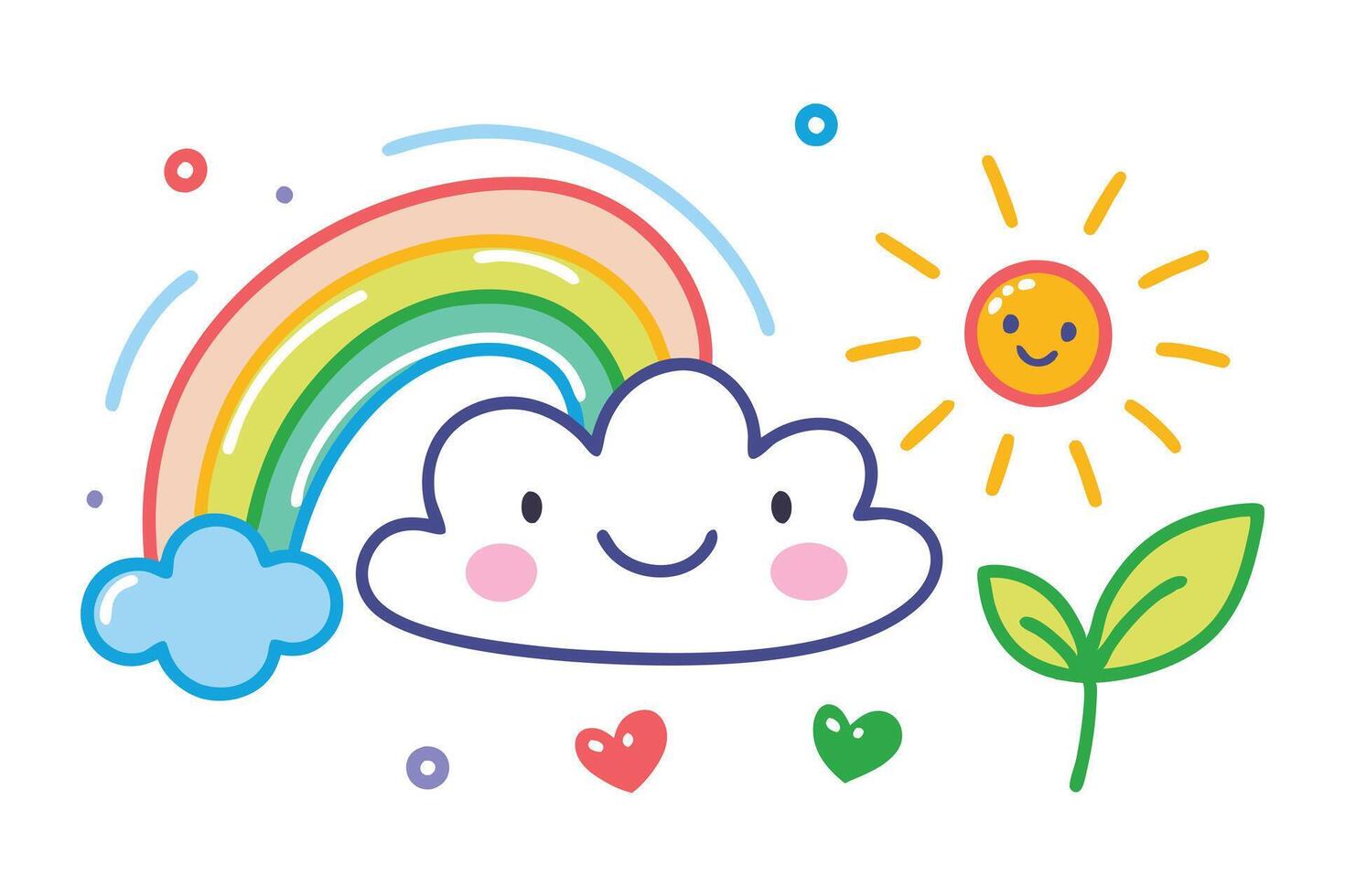 Cartoon Rainbow, Smiling Cloud, Sun, Sprout, Hearts, and Dots on a White Background vector